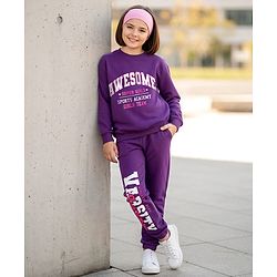 Pine Kids Looper Knit Full Sleeves Winter Wear Sweatshirt & Lounge Pant Set With Text Print - Purple