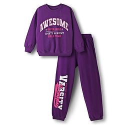Pine Kids Looper Knit Full Sleeves Winter Wear Sweatshirt & Lounge Pant Set With Text Print - Purple