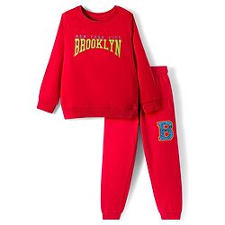 Pine Kids Looper Knit Full Sleeves Winter Wear Sweatshirt & Joggers Set with Brooklyn Text Print - Red