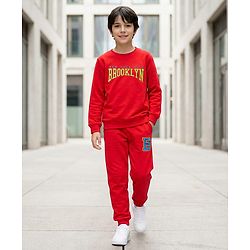 Pine Kids Looper Knit Full Sleeves Winter Wear Sweatshirt & Joggers Set with Brooklyn Text Print - Red