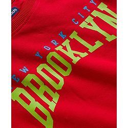 Pine Kids Looper Knit Full Sleeves Winter Wear Sweatshirt & Joggers Set with Brooklyn Text Print - Red