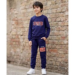 Pine Kids Looper Knit Full Sleeves Winter Wear Sweatshirt & Lounge Pant Set With Text Print - Navy Blue