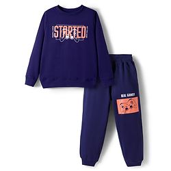 Pine Kids Looper Knit Full Sleeves Winter Wear Sweatshirt & Lounge Pant Set With Text Print - Navy Blue