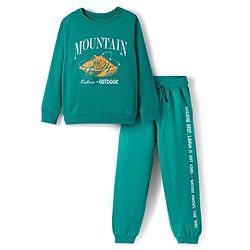 Pine Kids Looper Knit Full Sleeves Winter Wear T-Shirt & Lounge Pant Set With Text Print - Dark Green