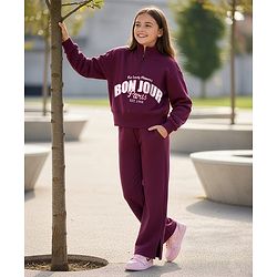 Pine Kids Looper Knit Full Sleeves High Neck Winter Wear Suit Set With Bonjour Text Print - Wine
