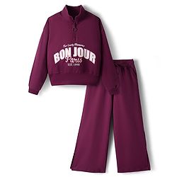 Pine Kids Looper Knit Full Sleeves High Neck Winter Wear Suit Set With Bonjour Text Print - Wine