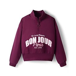 Pine Kids Looper Knit Full Sleeves High Neck Winter Wear Suit Set With Bonjour Text Print - Wine