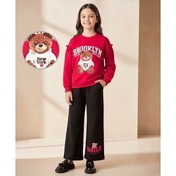 Pine Kids Looper Knit Full Sleeves Winter Wear Sweatshirt & Lounge Pant Set With Teddy Bear Print - Maroon & Black