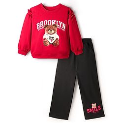 Pine Kids Looper Knit Full Sleeves Winter Wear Sweatshirt & Lounge Pant Set With Teddy Bear Print - Maroon & Black