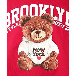 Pine Kids Looper Knit Full Sleeves Winter Wear Sweatshirt & Lounge Pant Set With Teddy Bear Print - Maroon & Black