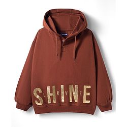 Pine Kids Looper Knit Full Sleeves Hooded Winter Wear Suit With Shine Text Print - Brown