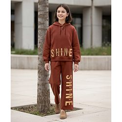Pine Kids Looper Knit Full Sleeves Hooded Winter Wear Suit With Shine Text Print - Brown