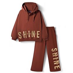 Pine Kids Looper Knit Full Sleeves Hooded Winter Wear Suit With Shine Text Print - Brown