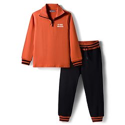 Pine Kids Looper Knit Full Sleeves Winter Wear T-Shirt & Lounge Pant Set With Text Print - Dark Orange