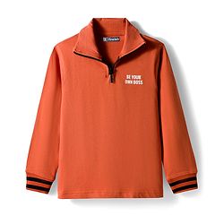 Pine Kids Looper Knit Full Sleeves Winter Wear T-Shirt & Lounge Pant Set With Text Print - Dark Orange