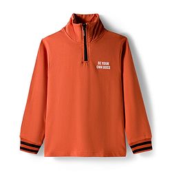 Pine Kids Looper Knit Full Sleeves Winter Wear T-Shirt & Lounge Pant Set With Text Print - Dark Orange