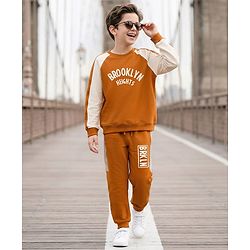 Pine Kids Looper Knit Full Raglan Sleeves Winter Wear Suit With Brooklyn Text Print - Light Brown
