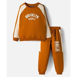 Pine Kids Looper Knit Full Raglan Sleeves Winter Wear Suit With Brooklyn Text Print - Light Brown