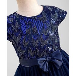 Pine Kids Woven Cap Sleeves Party Gown With Bow Applique & Sequin Detailing - Navy Blue