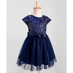 Pine Kids Woven Cap Sleeves Party Gown With Bow Applique & Sequin Detailing - Navy Blue