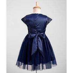 Pine Kids Woven Cap Sleeves Party Gown With Bow Applique & Sequin Detailing - Navy Blue