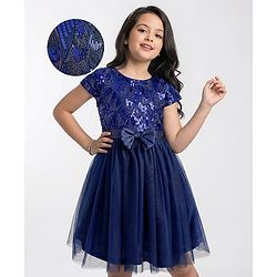 Pine Kids Woven Cap Sleeves Party Gown With Bow Applique & Sequin Detailing - Navy Blue