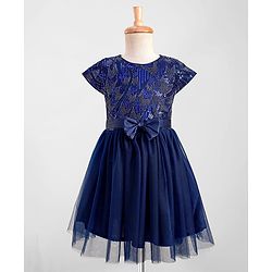 Pine Kids Woven Cap Sleeves Party Gown With Bow Applique & Sequin Detailing - Navy Blue