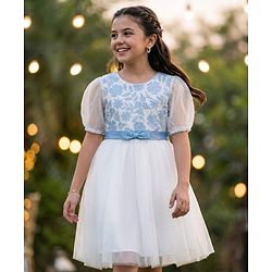 Pine Kids Woven Half Sleeves Party Dress with Floral Embroidery & Bow Applique - White