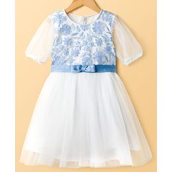 Pine Kids Woven Half Sleeves Party Dress with Floral Embroidery & Bow Applique - White