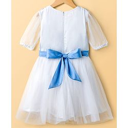 Pine Kids Woven Half Sleeves Party Dress with Floral Embroidery & Bow Applique - White