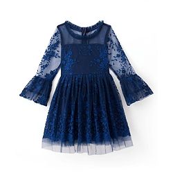 Pine Kids Woven Full Sleeves Party Dress With Floral Embroidery - Navy Blue