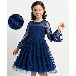 Pine Kids Woven Full Sleeves Party Dress With Floral Embroidery - Navy Blue