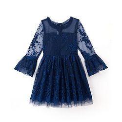 Pine Kids Woven Full Sleeves Party Dress With Floral Embroidery - Navy Blue