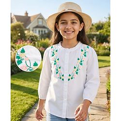 Pine Kids Cotton Woven Full Sleeves Front Open Top with Floral Embroidery - White