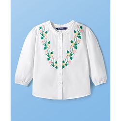 Pine Kids Cotton Woven Full Sleeves Front Open Top with Floral Embroidery - White
