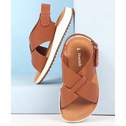 Pine Kids Velcro Closure Solid Colour Mojaris -   Tan