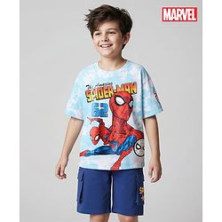 Pine Kids Marvel Single Jersey Knit Half Sleeves Drop Shoulder T-Shirt & Short Set with Spider-Man Graphics - Blue