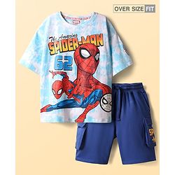 Pine Kids Marvel Single Jersey Knit Half Sleeves Drop Shoulder T-Shirt & Short Set with Spider-Man Graphics - Blue