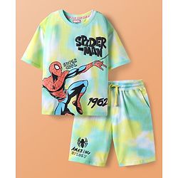Pine Kids Marvel Single Jersey Knit Half Sleeves Drop Shoulder Tie & Dye T-Shirt & Shorts Set with Spider Man Graphics - Multicolor