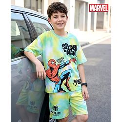 Pine Kids Marvel Single Jersey Knit Half Sleeves Drop Shoulder Tie & Dye T-Shirt & Shorts Set with Spider Man Graphics - Multicolor