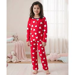 Pine Kids Cotton Knit Full Sleeves Night Suit With Heart Print - Red