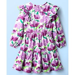 Pine Kids Cotton Knit Full Sleeves Frocks With Frill Detailing & Floral Print - Multicolour