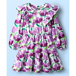 Pine Kids Cotton Knit Full Sleeves Frocks With Frill Detailing & Floral Print - Multicolour