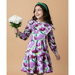 Pine Kids Cotton Knit Full Sleeves Frocks With Frill Detailing & Floral Print - Multicolour
