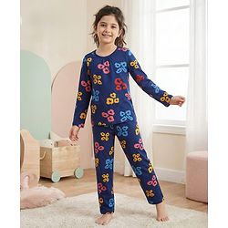 Pine Kids Cotton Knit Full Sleeves Co-ords Night Suit with Floral Print - Navy Blue