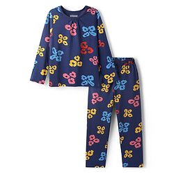 Pine Kids Cotton Knit Full Sleeves Co-ords Night Suit with Floral Print - Navy Blue