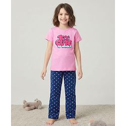 Pine Kids Cotton Knit Half Sleeves Capri Night Suit With Text Print - Pink & Blue