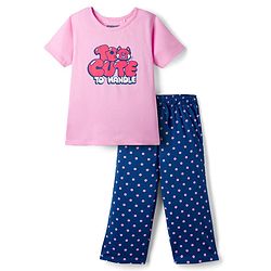 Pine Kids Cotton Knit Half Sleeves Capri Night Suit With Text Print - Pink & Blue