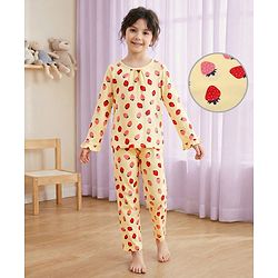 Pine Kids Cotton Knit Full Sleeves Co-ords Night Suit with Strawberry Print - Yellow