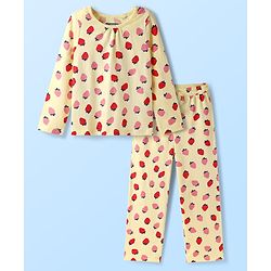 Pine Kids Cotton Knit Full Sleeves Co-ords Night Suit with Strawberry Print - Yellow